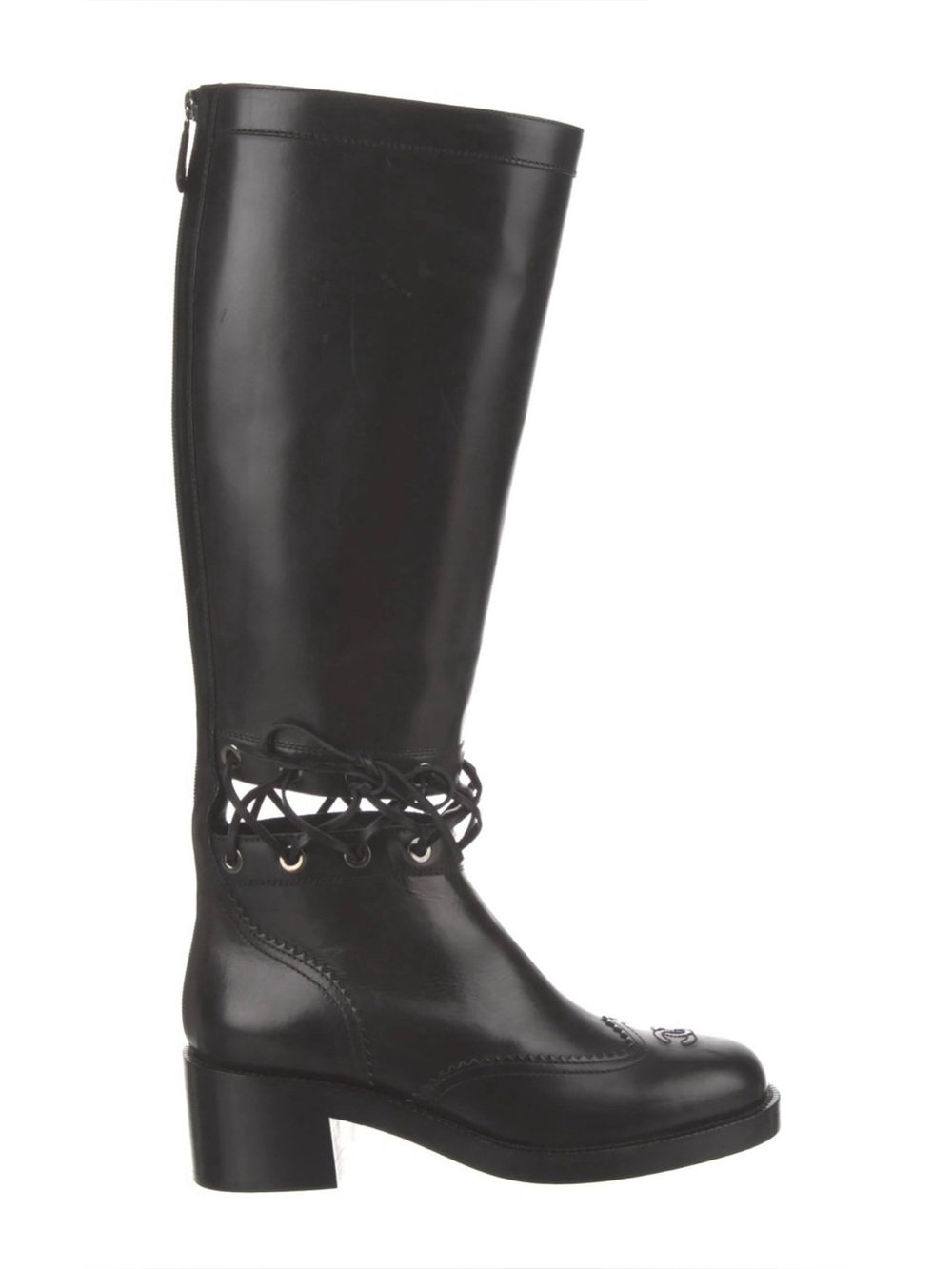CHANEL Fall 2016 Black Leather Knee High Lace Detail riding Boot 38.5 CC